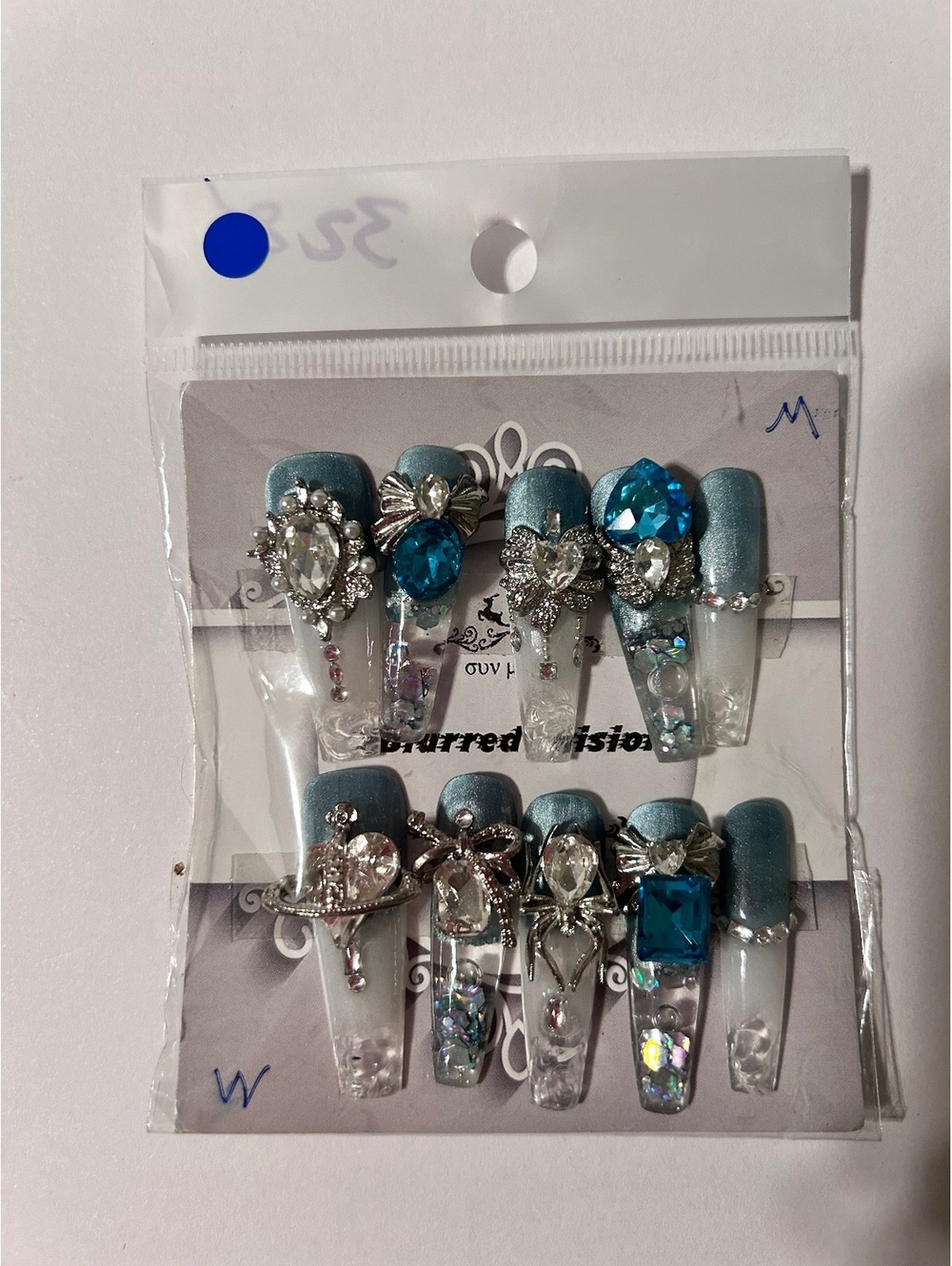 Blue and Clear Rhinestone Embellished False Water Nail Set